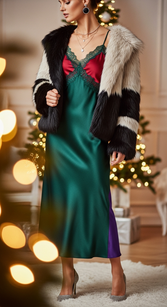 Satin Slip Dress With Faux Fur