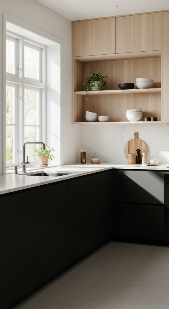 Scandinavian-Inspired Black And Wood Cabinets