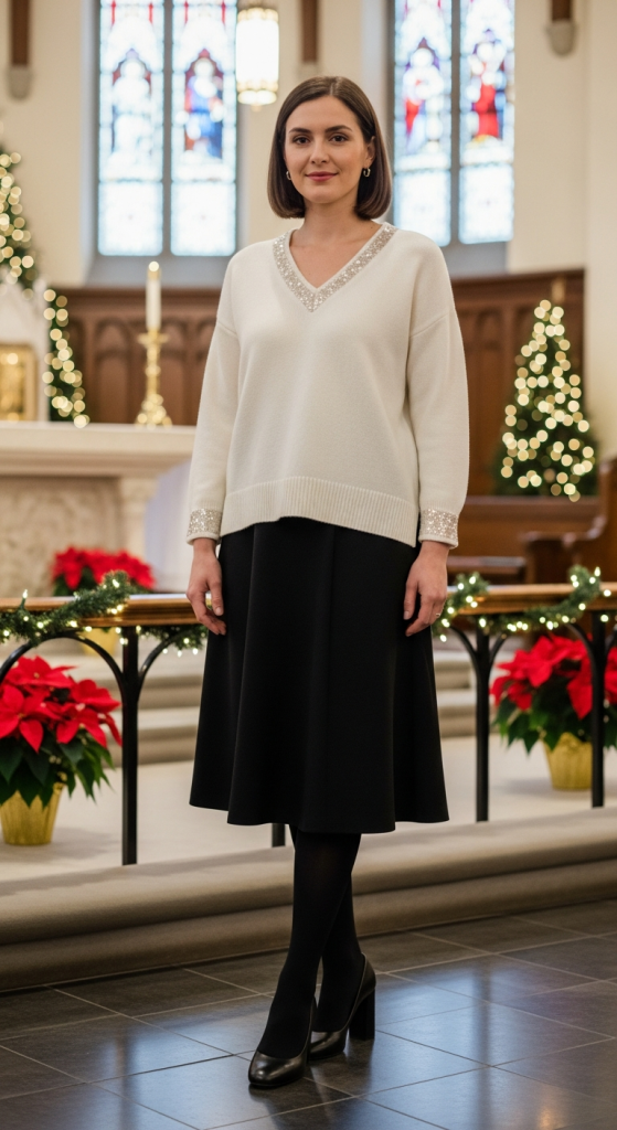 Sequin Accent Top with Black Midi Skirt
