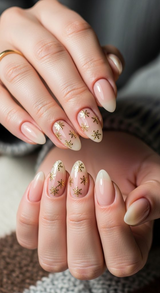 Sheer Nude Nails With Gold Snowflakes