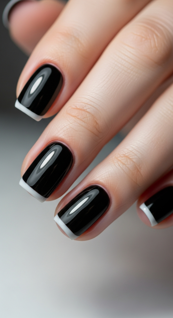 Short Black Nails With Glossy French Outline