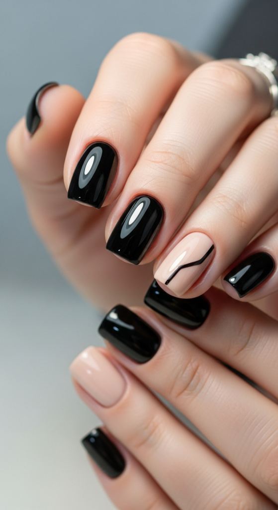 Short Black Nails With Nude Accent