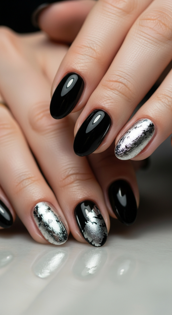 Short Black Nails With Silver Foil Detail