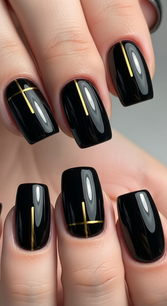 Short Black Nails With Thin Gold Lines