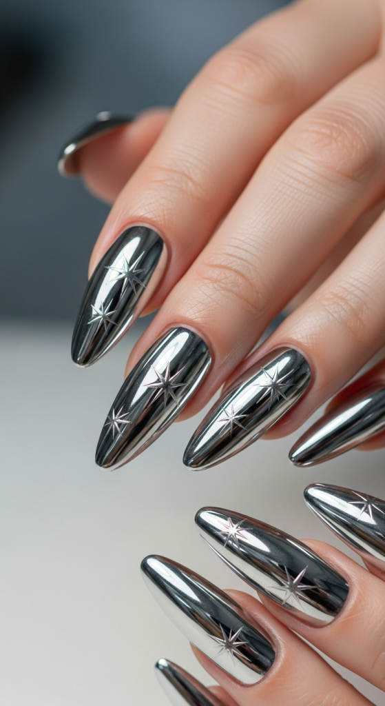Silver Chrome Star Nails