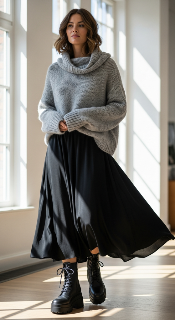 Soft Gray Sweater + Flowy Black Midi Skirt