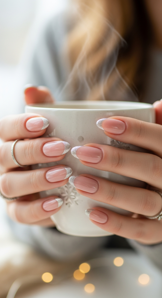 Soft Pink Nails With Subtle Silver Glitter Tips