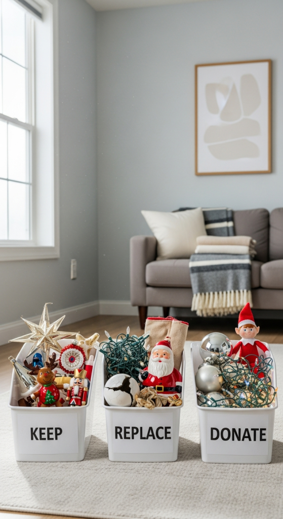 Sort Decorations Into “Keep, Replace, Donate” Bins