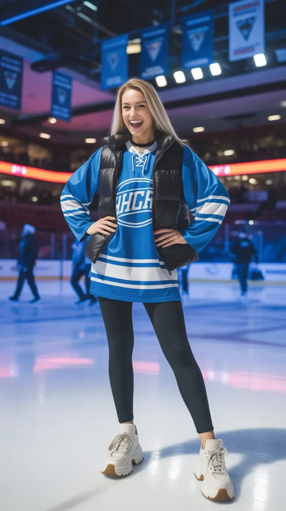 Team Jersey + Black Leggings + Puffer Vest