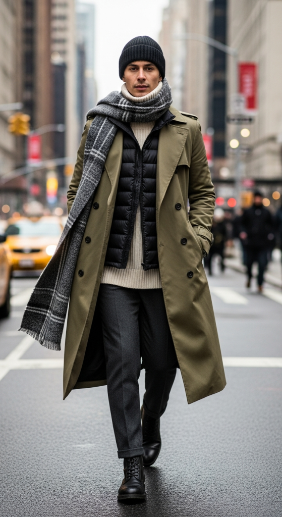 Trench Coat Layered Over Puffer Vest