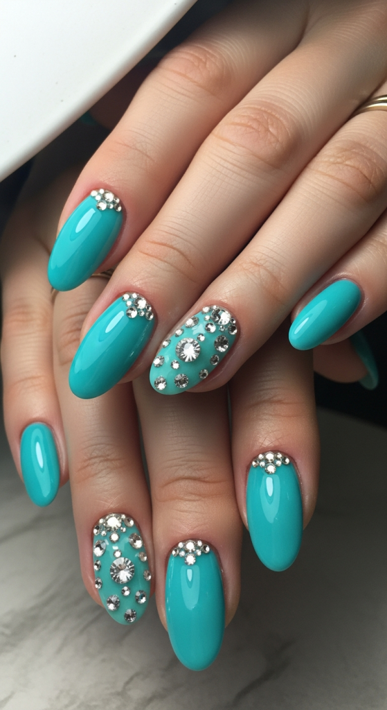 Turquoise Nails With Rhinestones