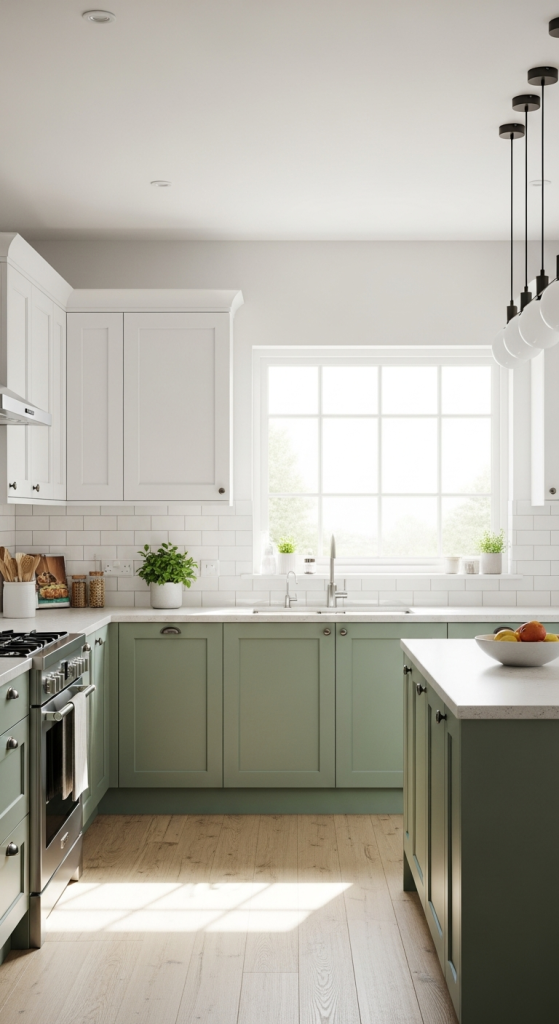 Two-Tone Sage Green And White Cabinets
