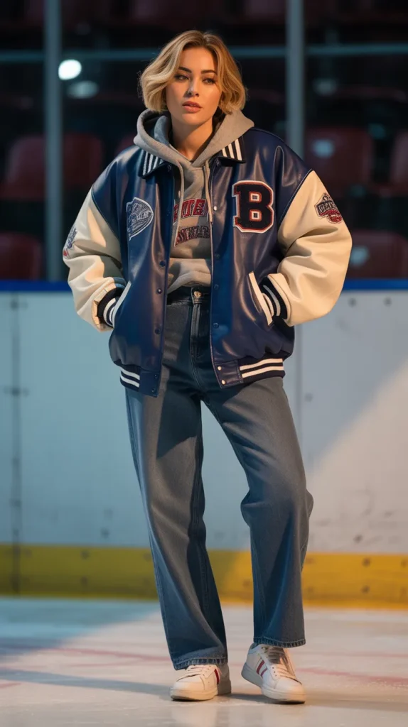 Varsity Jacket + Hoodie + High-Waisted Jeans