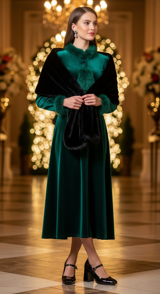 Velvet Dress With Faux Fur Trim