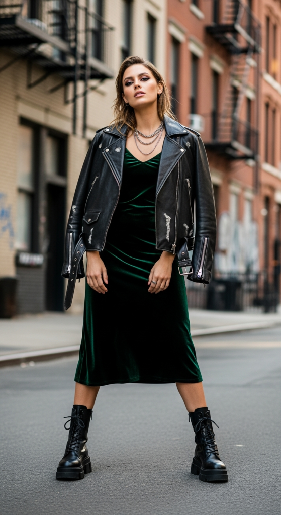 Velvet Slip Dress With A Leather Jacket