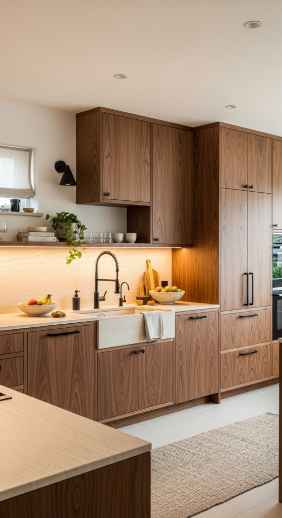 Warm Walnut Cabinetry with Matte Black Accents