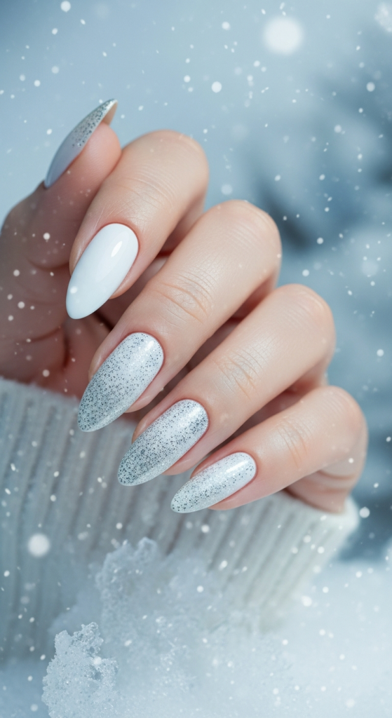 White Almond Nails with Silver Glitter Fade