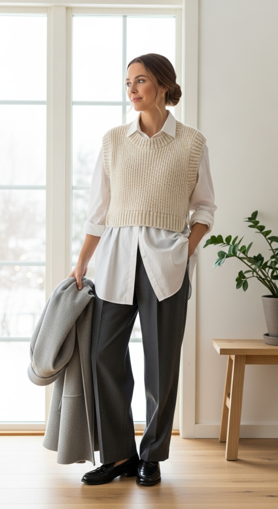 White Button-Down + Knit Vest + Pleated Trousers
