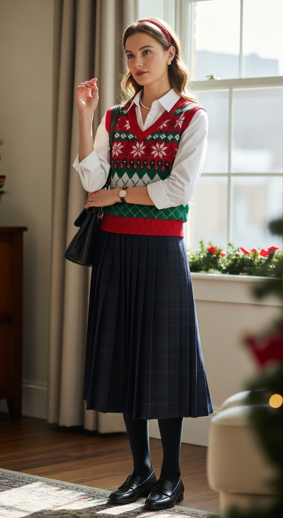 White Button-Down Shirt With A Festive Sweater Vest
