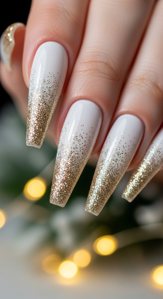 White Nails With Light Gold Glitter Fade
