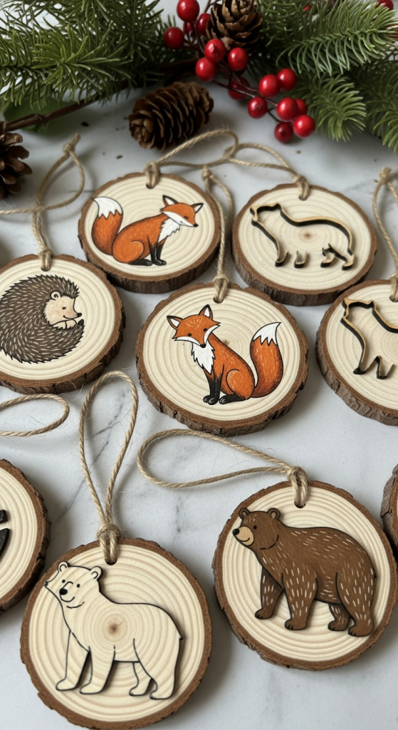 Wooden Slice Ornaments Featuring Forest Animals