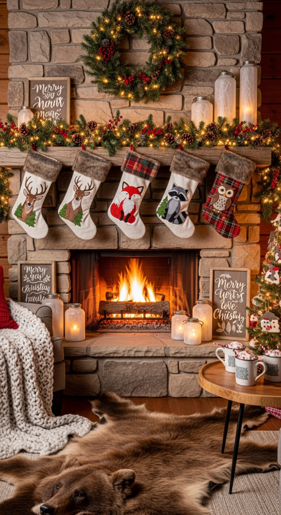 Woodland Animal Stockings Hung by the Fireplace