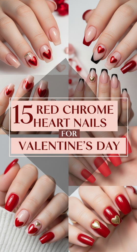 Red Chrome Heart Nails for Valentines Day