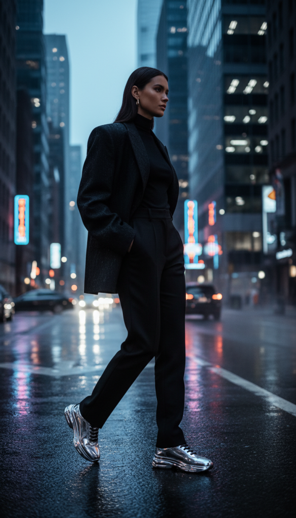 Black Outfit Enhanced by Silver Sneakers