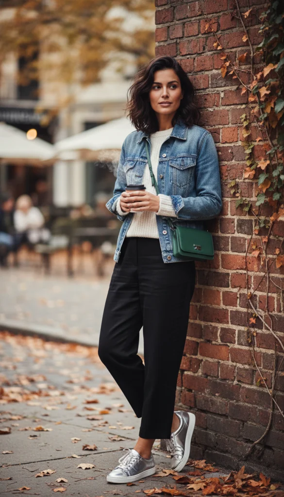 Denim Jacket Casual Outfit with Silver Sneakers