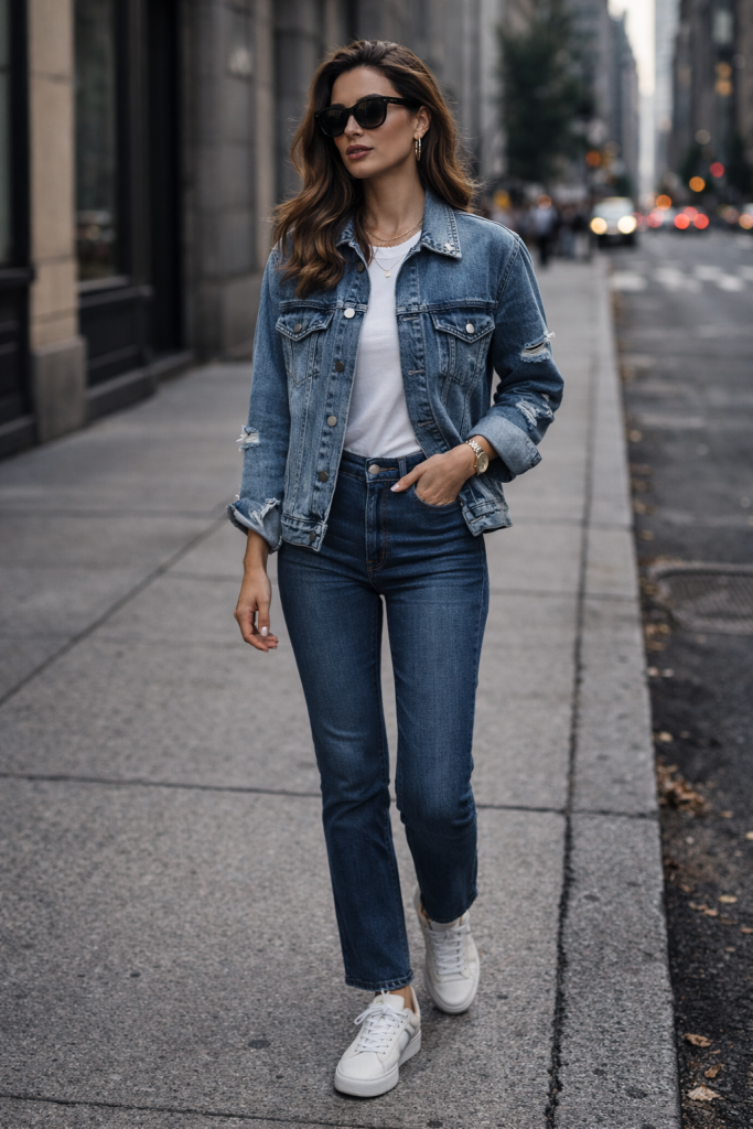 Distressed Denim Jacket with Clean Jeans