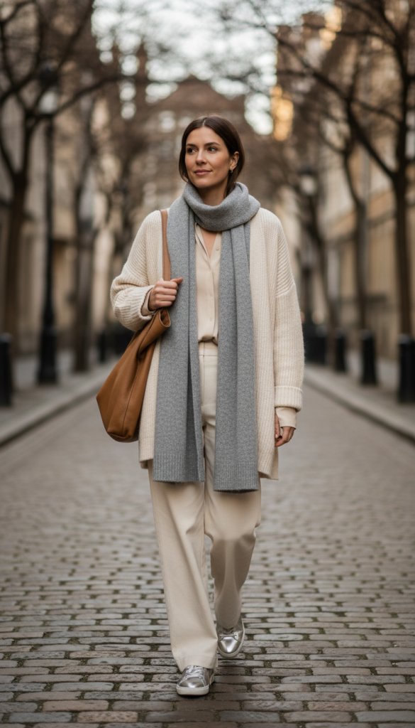 Layered Casual Outfit with Silver Sneakers