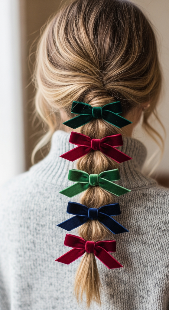Low Side Ponytail With Velvet Bow Stack