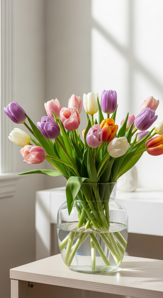 Mixed Pastel Tulips In Clear Glass