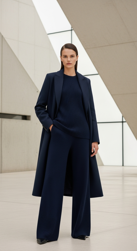 Navy Knit Set With Long Coat