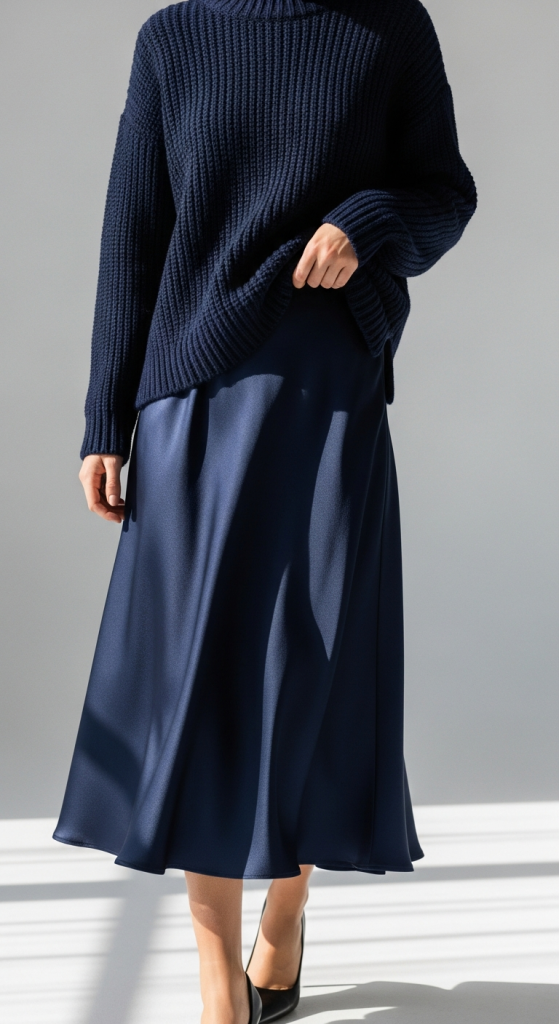 Navy Knit Sweater And Satin Skirt