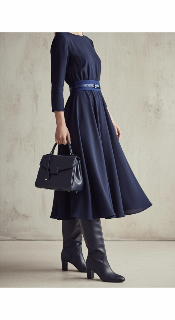 Navy Midi Dress With Layered Accessories