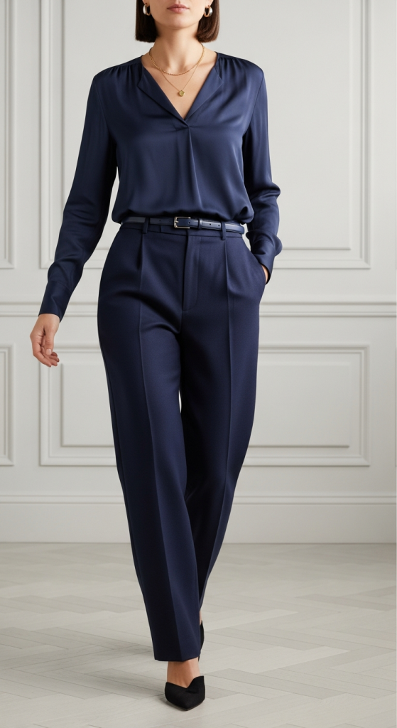 Navy Silk Blouse With Wool Pants