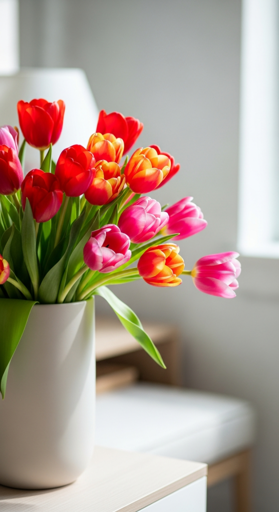 Neutral Vase With Bright Tulips