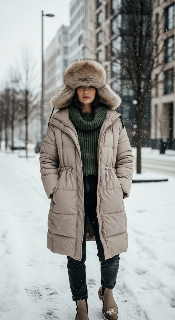 Oversized Faux Fur Hat With Puffer Coat