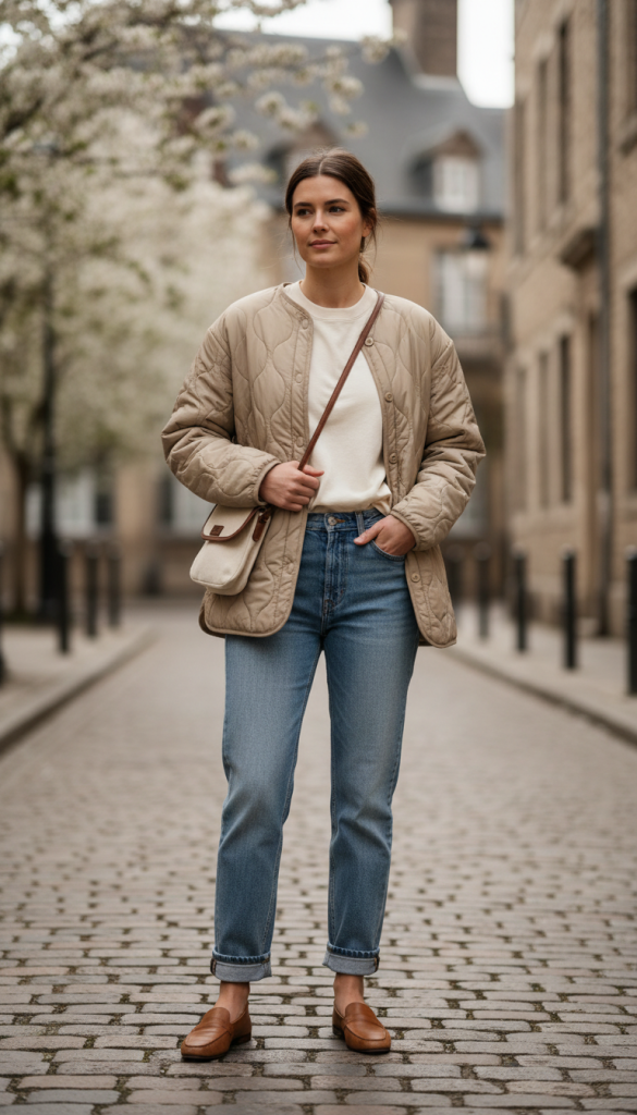 Quilted Jacket with Basic Tee and Jeans