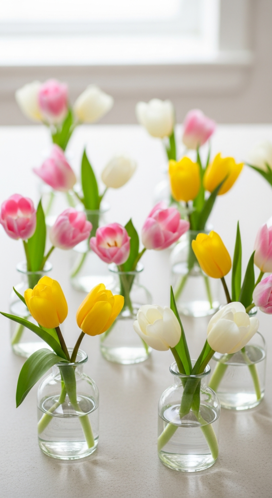Single Color Grouped In Small Bud Vases