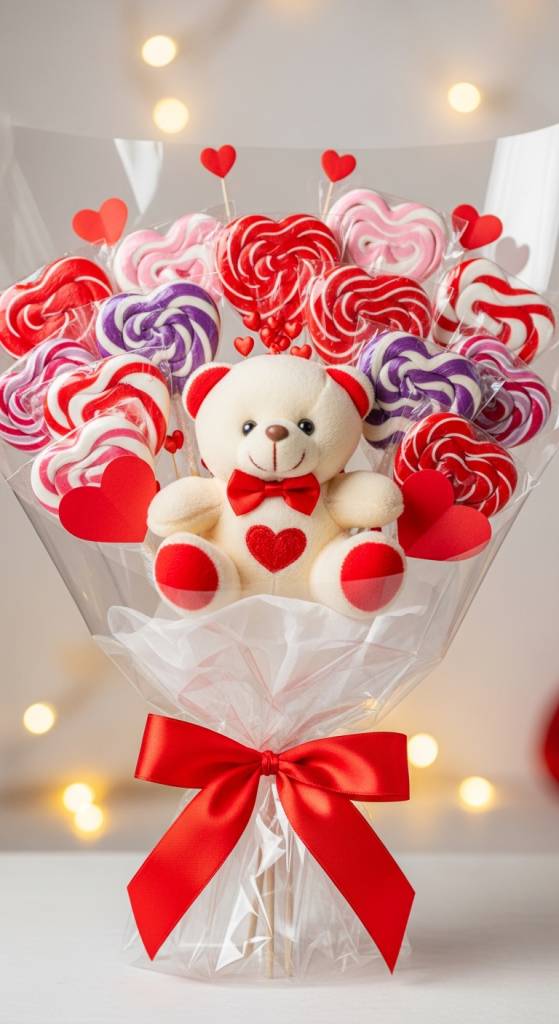Teddy Bear And Lollipop Combo Bouquet