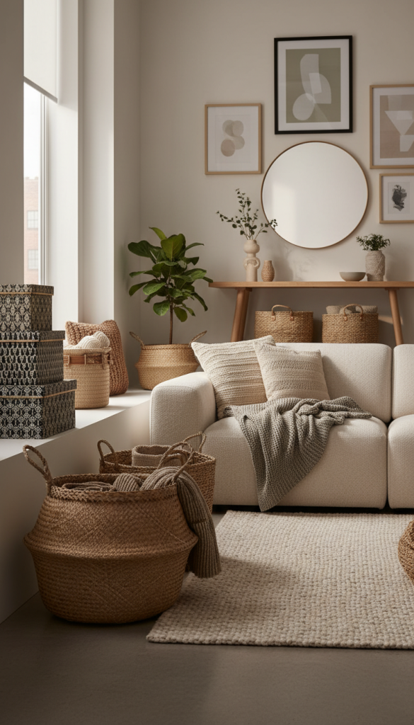 Add Storage Baskets & Decorative Boxes