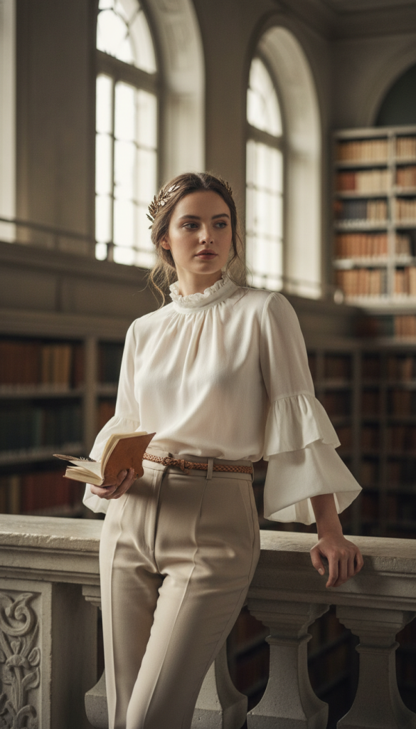 Billowy Blouse with Tailored Trousers