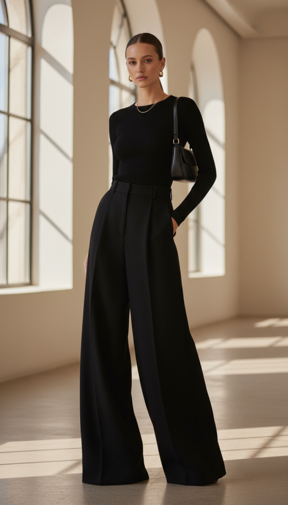 Black Top with Wide-Leg Trousers
