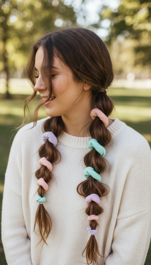 Bubble Braid Pigtails with Colored Elastics