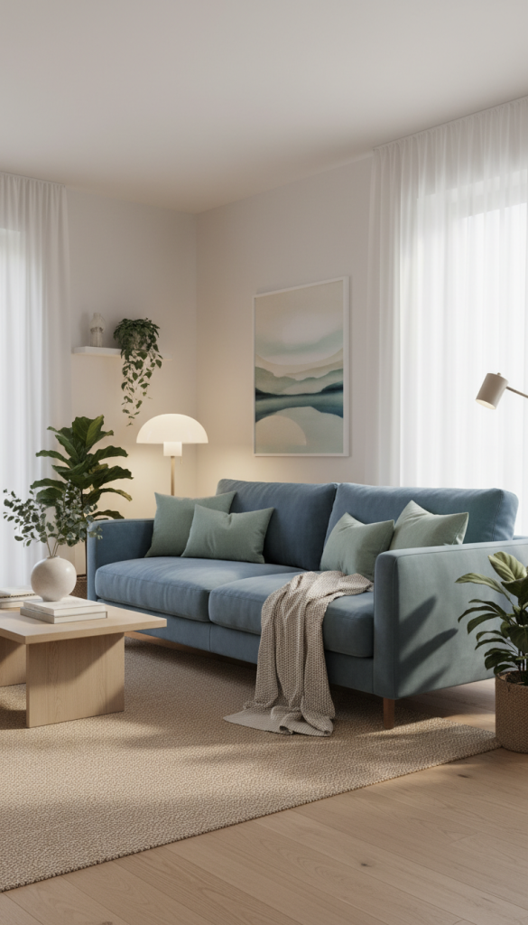 Cool Blue Sofa with Mint Cushions