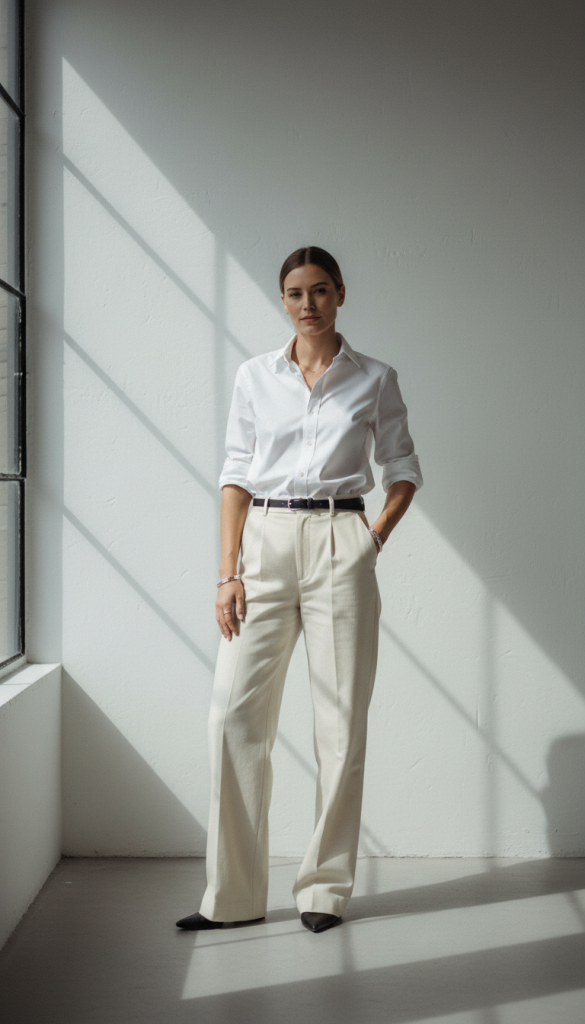 Crisp White Shirt with High-Waisted Pants