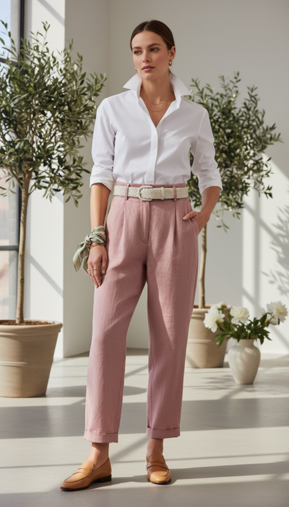 Crisp White Shirt with Soft-Toned Trousers