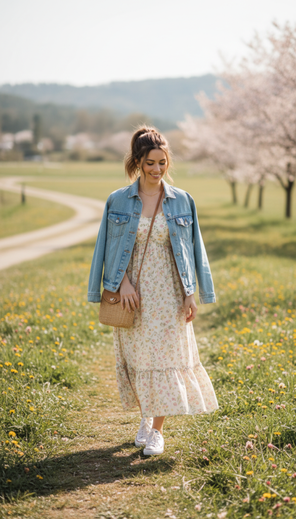 Denim Jacket over Floral Dress